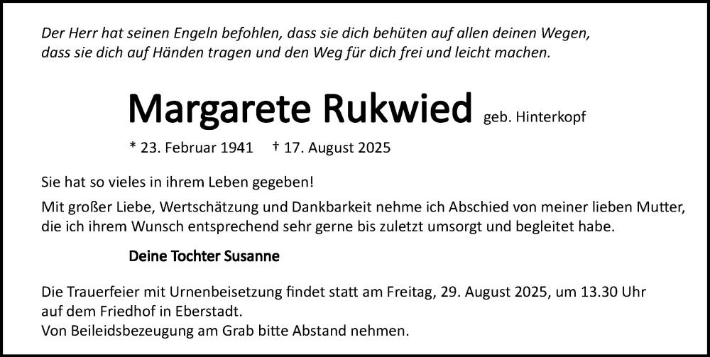  Traueranzeige für Margararete Rukwied vom 23.08.2025 aus GESAMT
