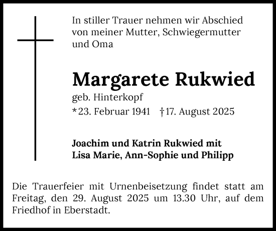 Traueranzeige von Margarete Rukwied von GESAMT