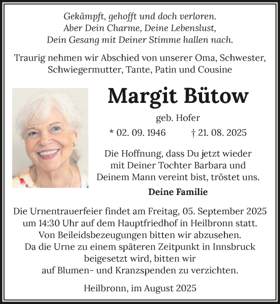Traueranzeige von Margit Bütow von GESAMT