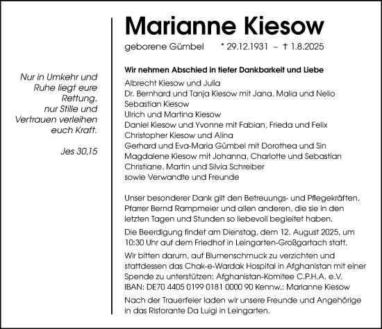 Traueranzeige von Marianne Kiesow von GESAMT