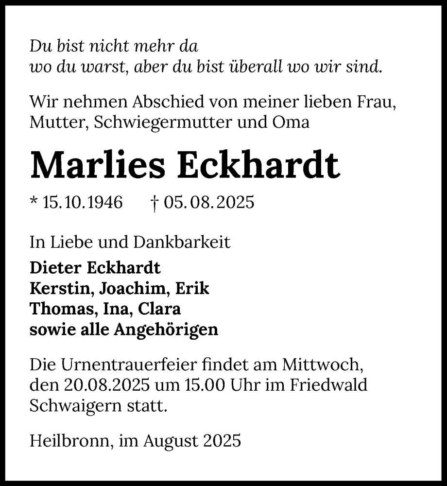  Traueranzeige für Marlies Eckhardt vom 16.08.2025 aus GESAMT