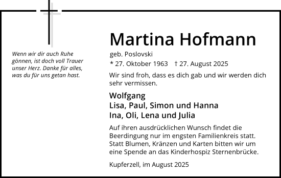 Traueranzeige von Martina Hofmann von GESAMT