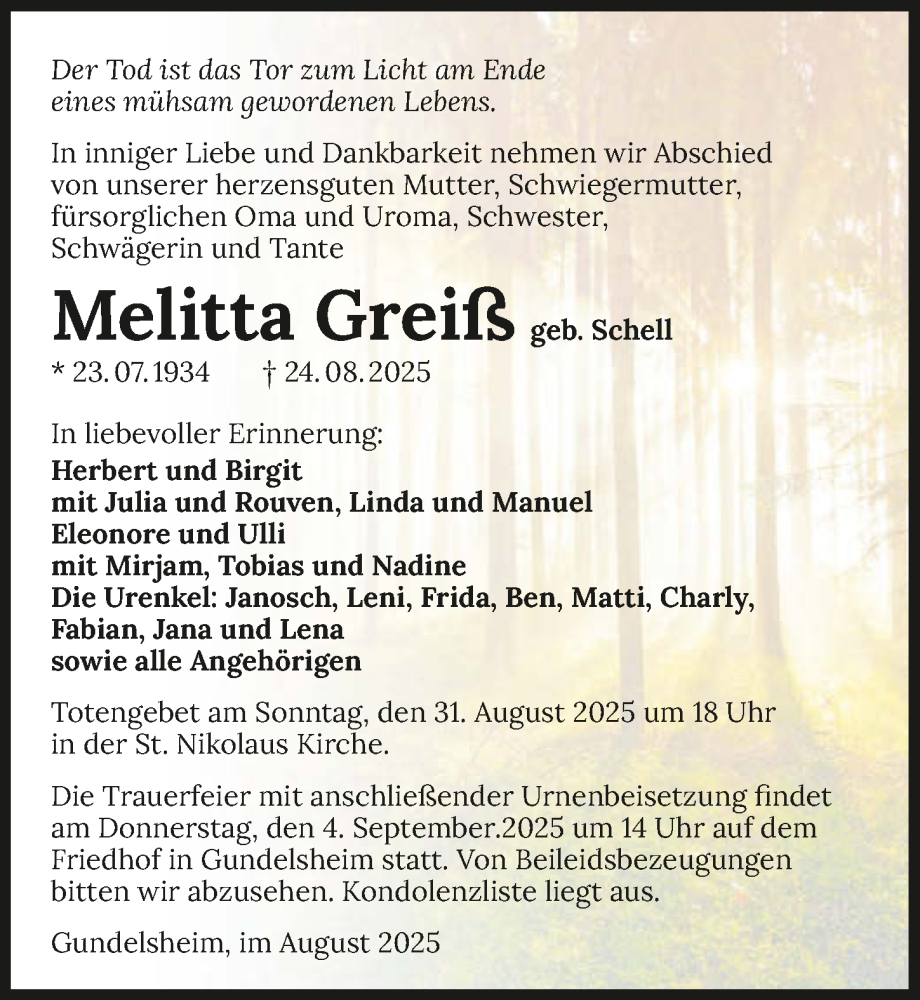  Traueranzeige für Melitta Greiß vom 30.08.2025 aus GESAMT