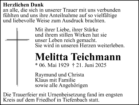 Traueranzeige von Melitta Teichmann von GESAMT