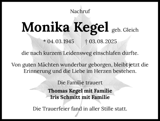 Traueranzeige von Monika Kegel von GESAMT
