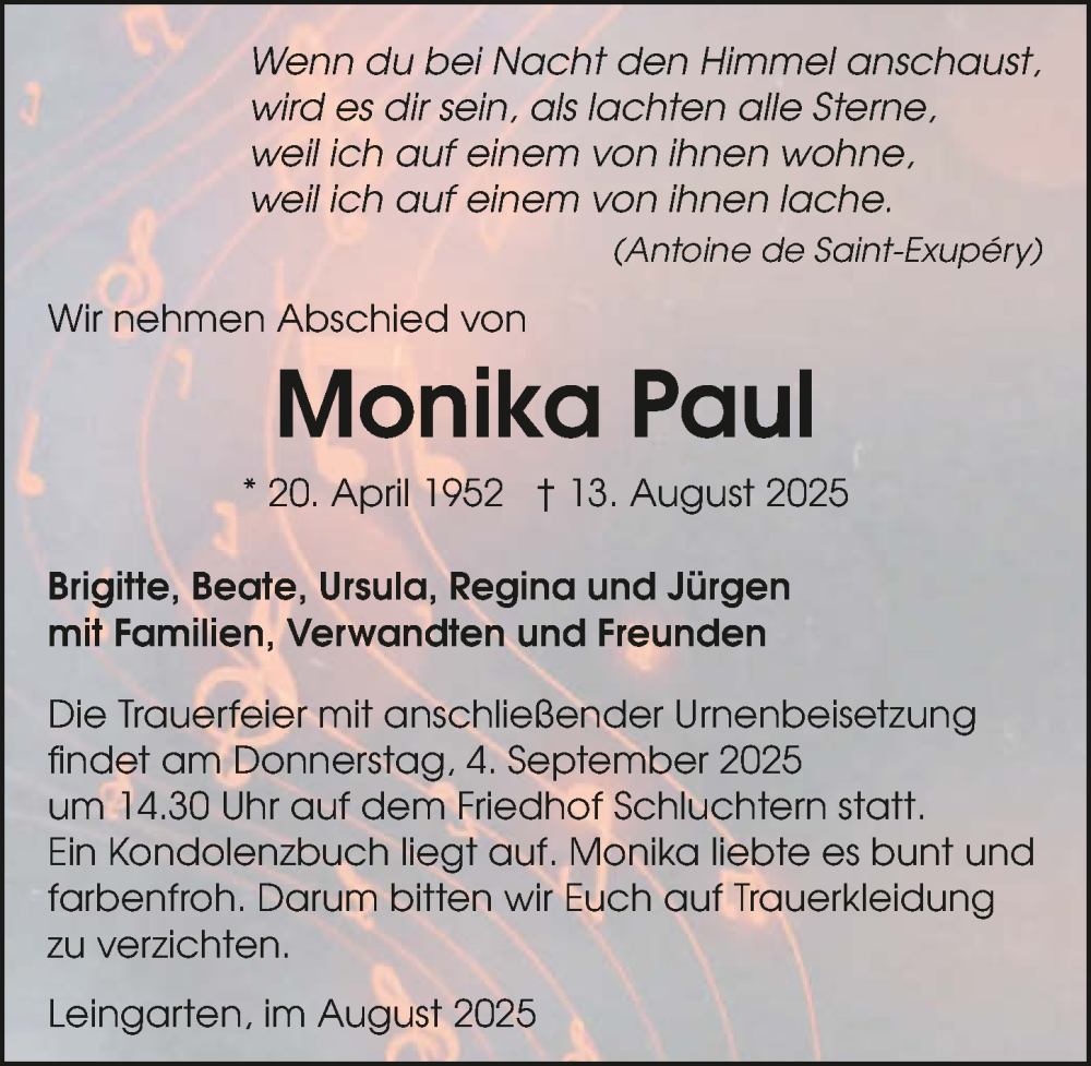  Traueranzeige für Monika Paul vom 30.08.2025 aus GESAMT