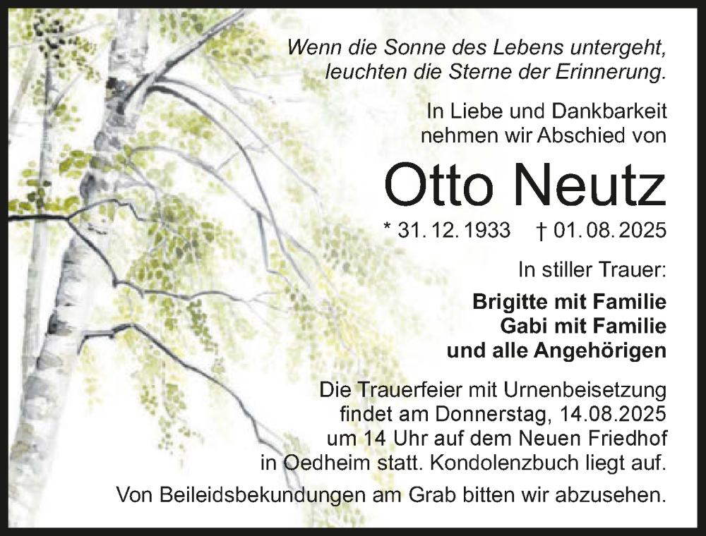  Traueranzeige für Otto Neutz vom 09.08.2025 aus GESAMT