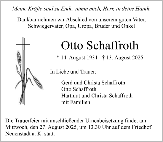 Traueranzeige von Otto Schaffroth von GESAMT
