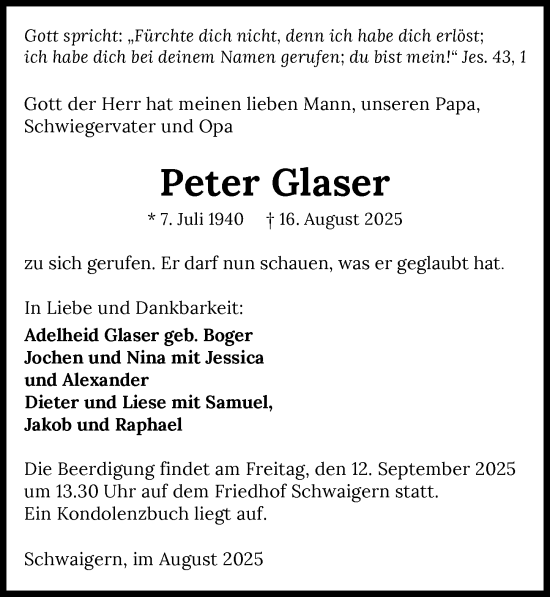 Traueranzeige von Peter Glaser von GESAMT