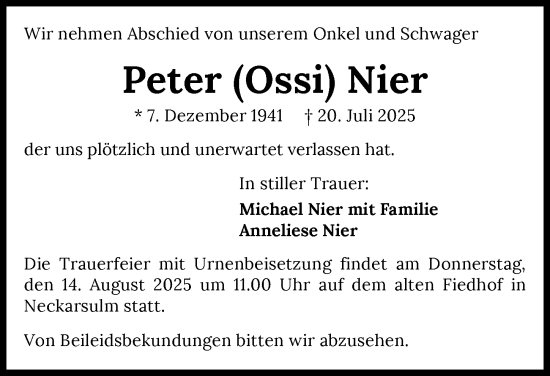 Traueranzeige von Peter Nier von GESAMT