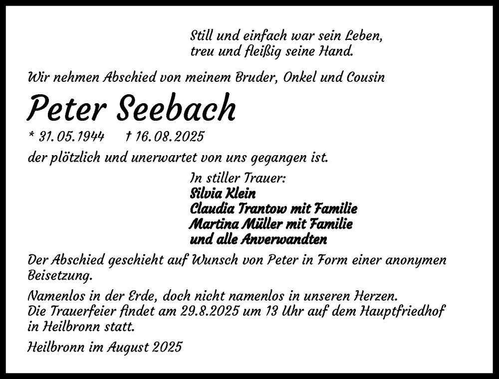  Traueranzeige für Peter Seebach vom 23.08.2025 aus GESAMT