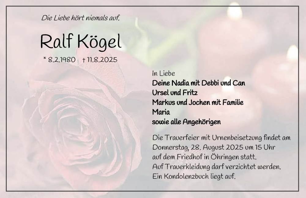  Traueranzeige für Ralf Kögel vom 23.08.2025 aus GESAMT