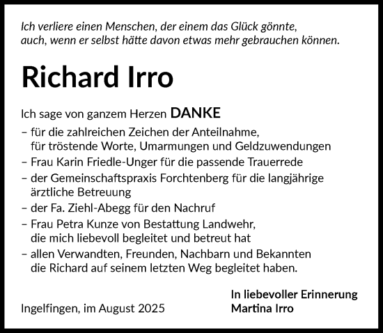 Traueranzeige von Richard Irro von GESAMT