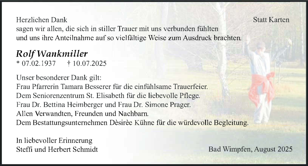  Traueranzeige für Rolf Wankmiller vom 02.08.2025 aus GESAMT