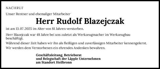 Traueranzeige von Rudolf Blazejczak von GESAMT