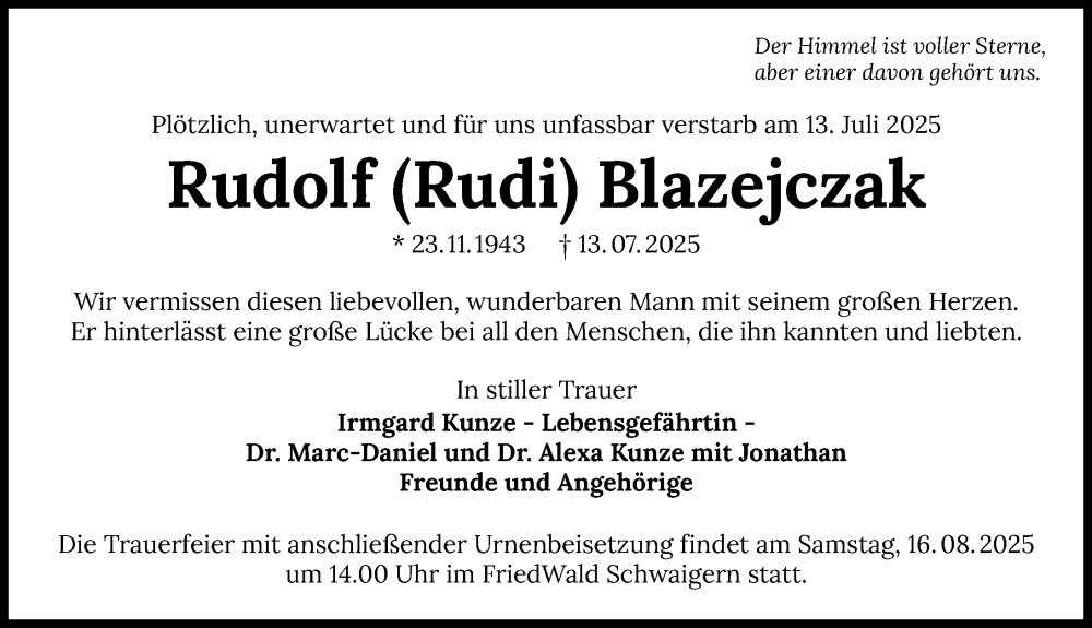 Traueranzeige für Rudolf Blazejczak vom 09.08.2025 aus GESAMT