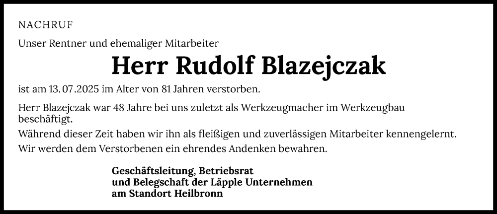  Traueranzeige für Rudolf Blazejczak vom 09.08.2025 aus GESAMT