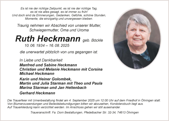 Traueranzeige von Ruth Heckmann von GESAMT