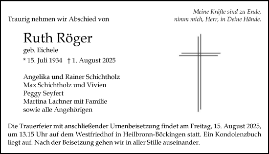 Traueranzeige von Ruth Röger von GESAMT