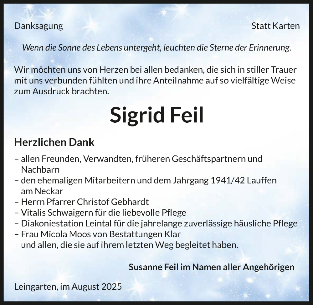  Traueranzeige für Sigrid Feil vom 23.08.2025 aus GESAMT