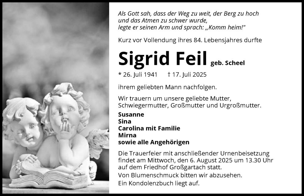  Traueranzeige für Sigrid Feil vom 02.08.2025 aus GESAMT