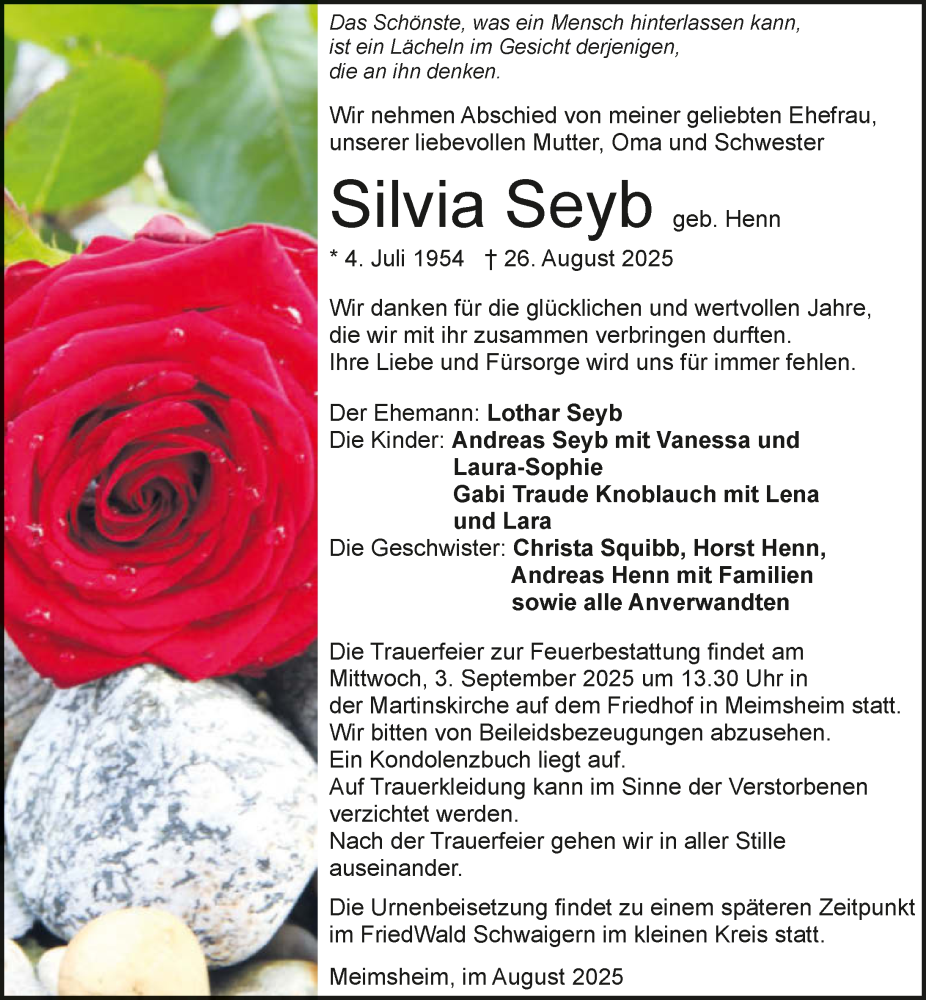  Traueranzeige für Silvia Seyb vom 30.08.2025 aus GESAMT