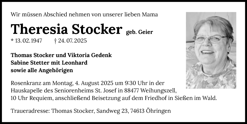  Traueranzeige für Theresia Stocker vom 02.08.2025 aus GESAMT