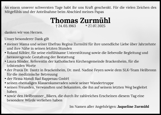 Traueranzeige von Thomas Zurmühl von GESAMT