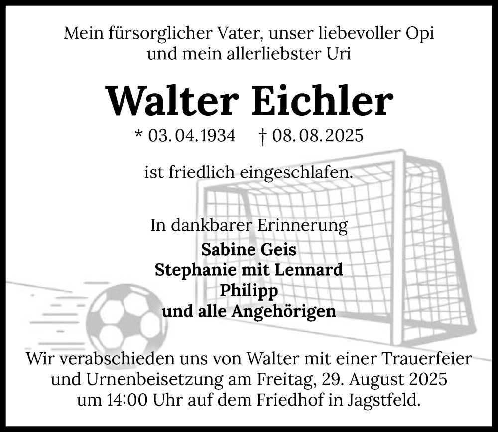  Traueranzeige für Walter Eichler vom 16.08.2025 aus GESAMT