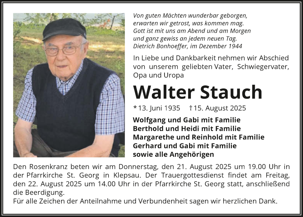  Traueranzeige für Walter Stauch vom 20.08.2025 aus GESAMT
