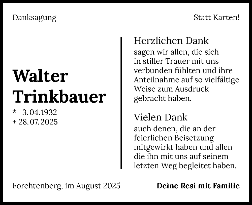 Traueranzeige für Walter Trinkbauer vom 23.08.2025 aus GESAMT