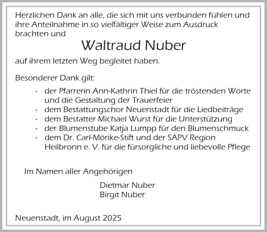 Traueranzeige von Waltraud Nuber von GESAMT