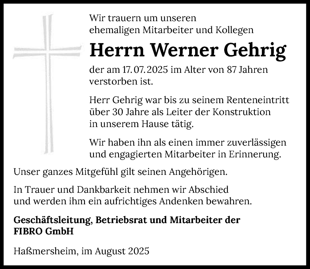  Traueranzeige für Werner Gehrig vom 06.08.2025 aus GESAMT