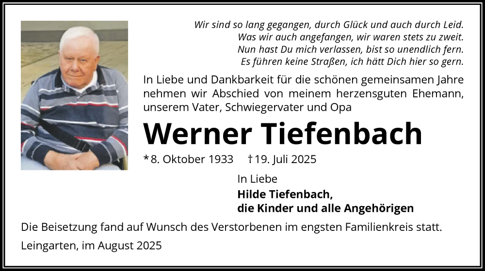  Traueranzeige für Werner Tiefenbach vom 09.08.2025 aus GESAMT