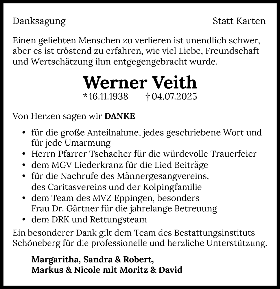  Traueranzeige für Werner Veith vom 07.08.2025 aus GESAMT