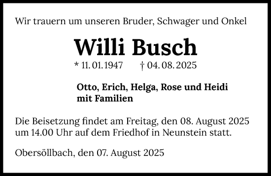 Traueranzeige von Willi Busch von GESAMT