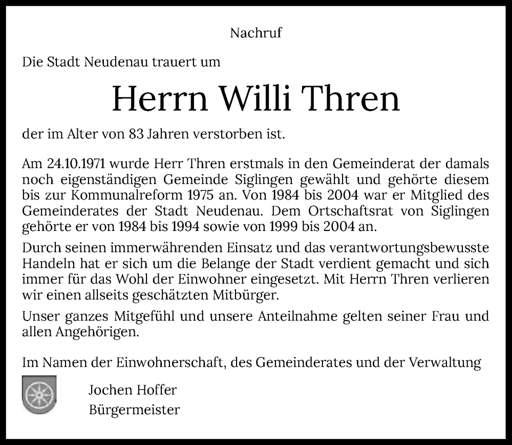  Traueranzeige für Willi Thren vom 23.08.2025 aus GESAMT