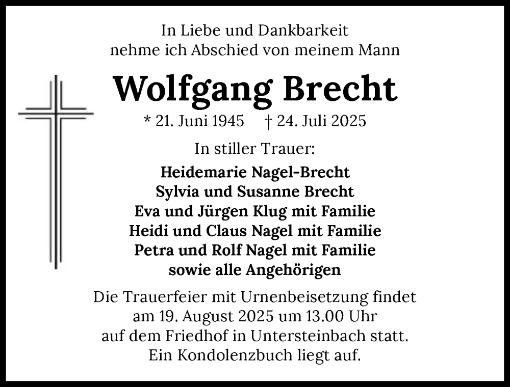  Traueranzeige für Wolfgang Brecht vom 02.08.2025 aus GESAMT