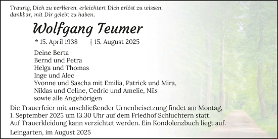 Traueranzeige von Wolfgang Teumer von GESAMT