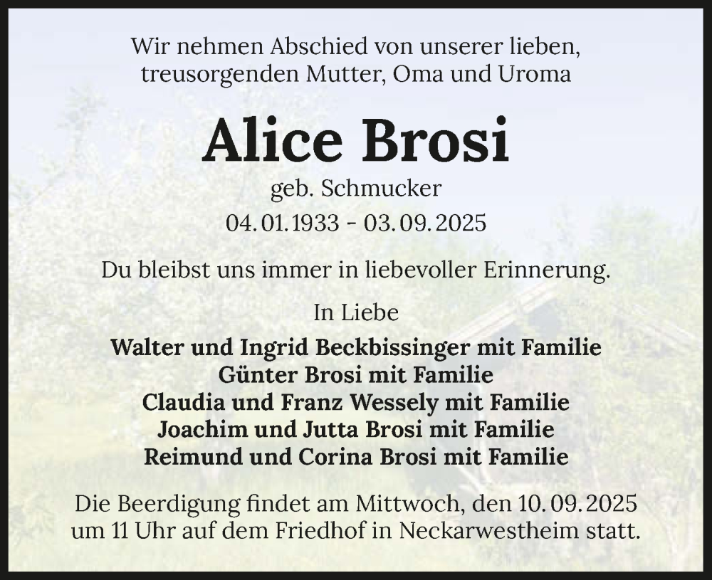  Traueranzeige für Alice Brosi vom 06.09.2025 aus GESAMT
