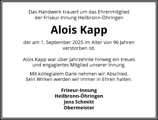 Traueranzeige von Alois Kapp von GESAMT