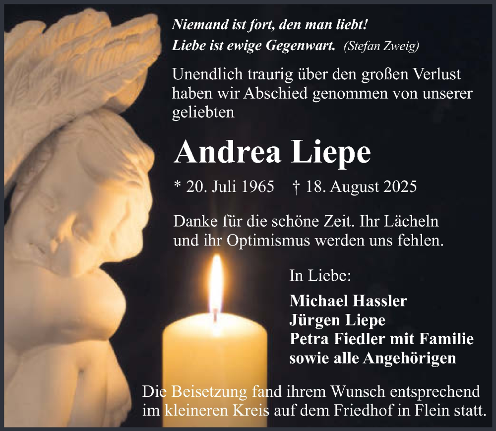  Traueranzeige für Andrea Liepe vom 06.09.2025 aus GESAMT