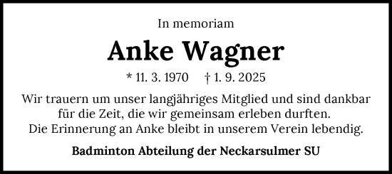 Traueranzeige von Anke Wagner von GESAMT