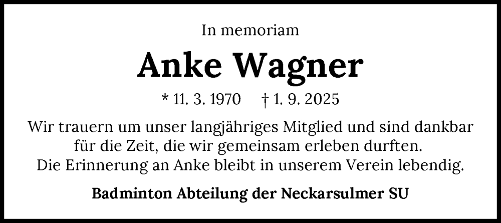  Traueranzeige für Anke Wagner vom 20.09.2025 aus GESAMT