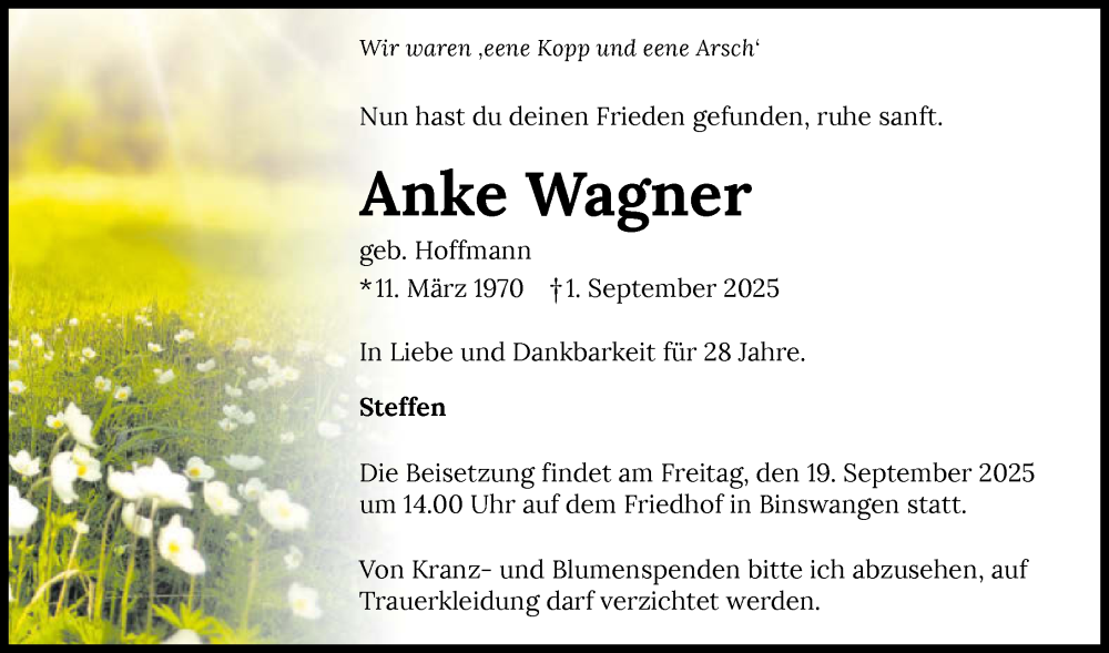  Traueranzeige für Anke Wagner vom 13.09.2025 aus GESAMT