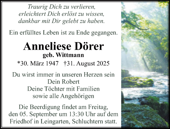 Traueranzeige von Anneliese Dörer von GESAMT