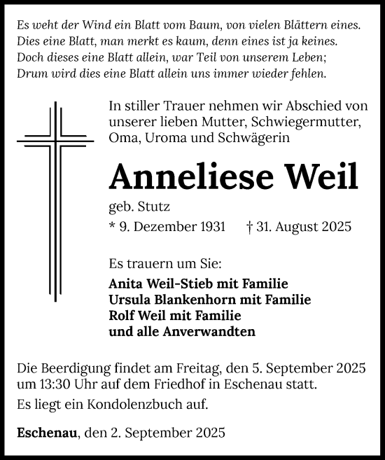 Traueranzeige von Anneliese Weil von GESAMT