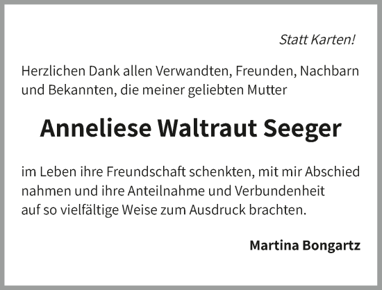 Traueranzeige von Anneliese Waltraut Seeger von GESAMT