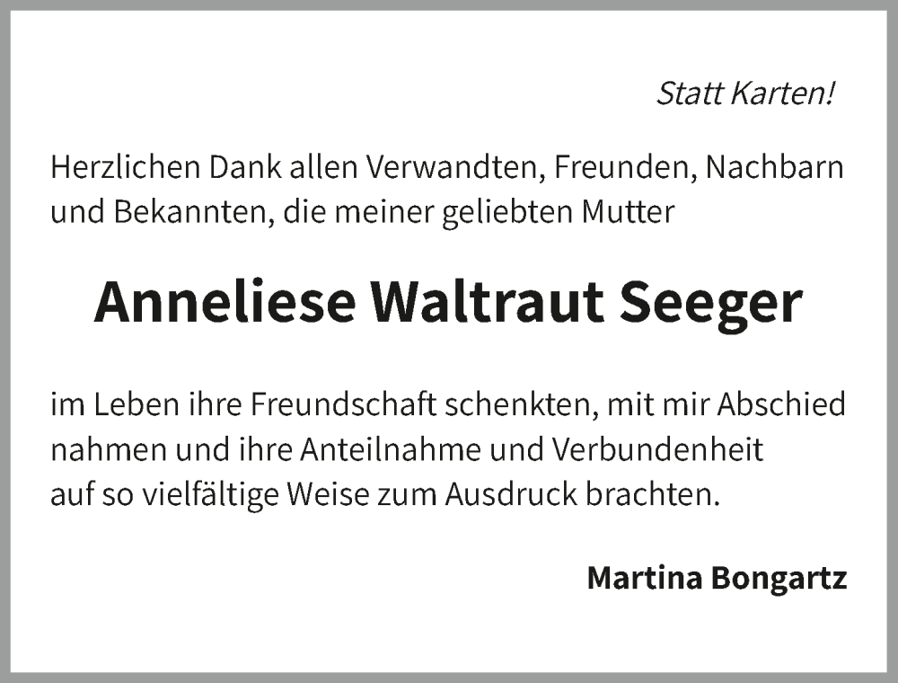  Traueranzeige für Anneliese Waltraut Seeger vom 20.09.2025 aus GESAMT
