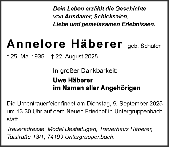Traueranzeige von Annelore Häberer von GESAMT